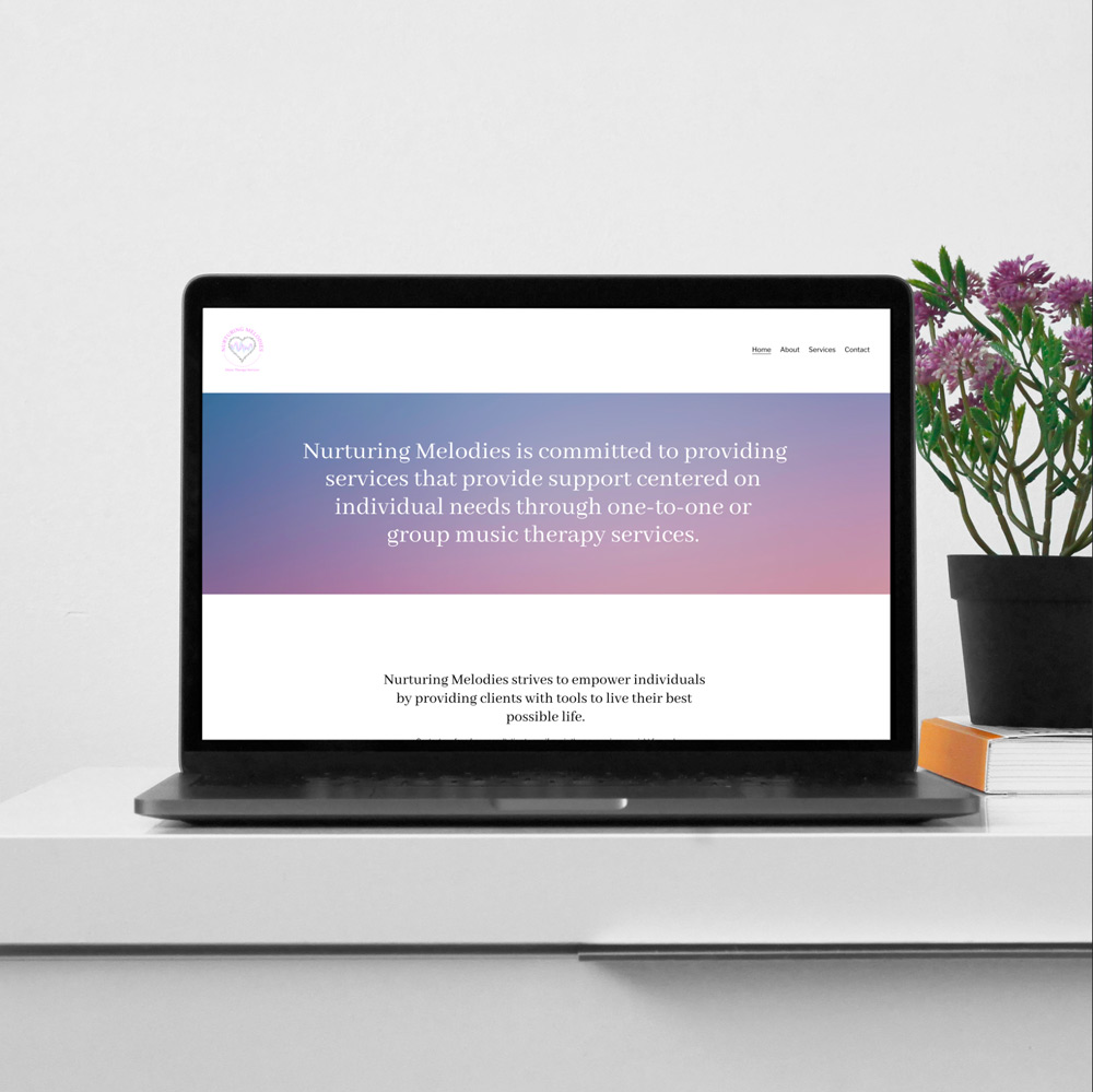 Nurturing Melodies website on a laptop. The computer sits on a desk with a vase of purple flowers to the right.