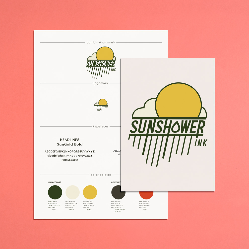 Brand style guide sheet on a surface. The logo for Sunshower Ink is on a smaller sheet of paper that rests on the style guide sheet. The background is an apricot color surface.