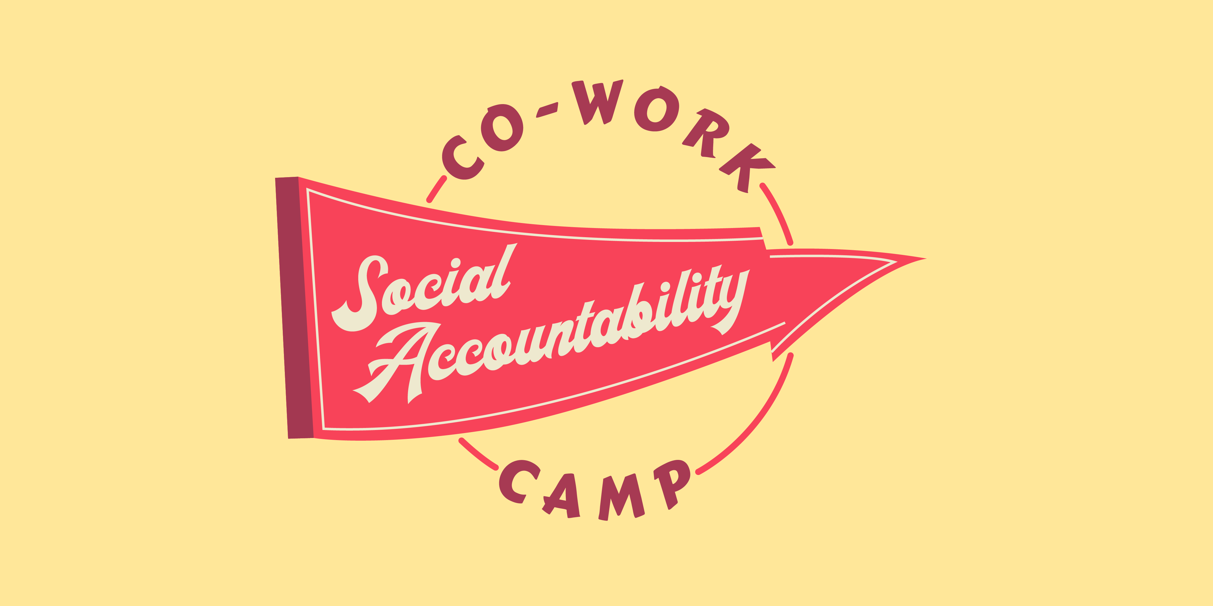 Illustrated logo of a camp flag with the words Social Accountability Co-Work Camp over a yellow background