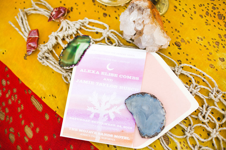 Mojave Macrame, invite, and crystals