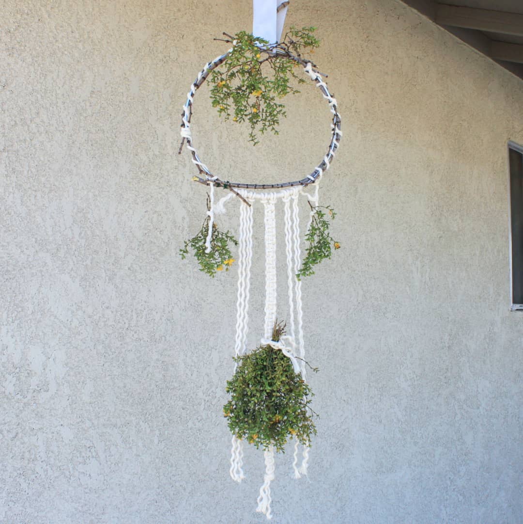 Macrame creosote branch hoop and drying leaves + flowers