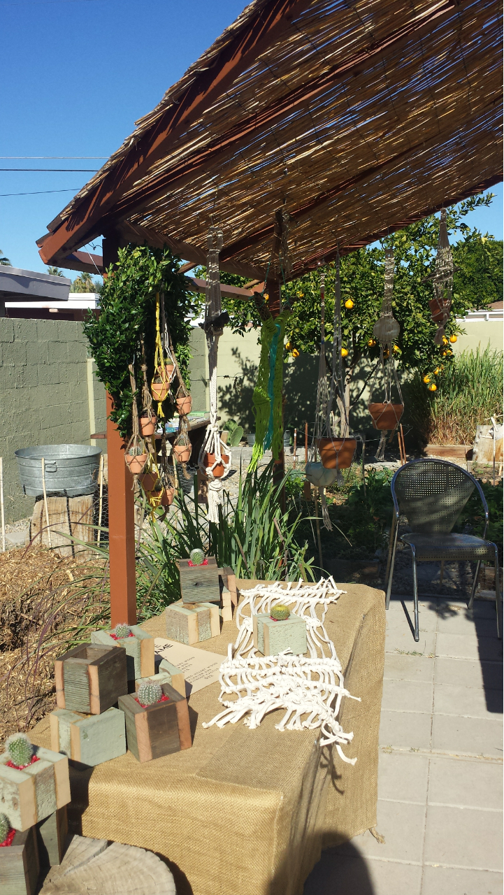 Mojave Wood reclaimed desert wood cacti planter boxes, Mojave Macrame mini hanging planter ornaments, and  Mojave Macrame creations hanging in the gazebo