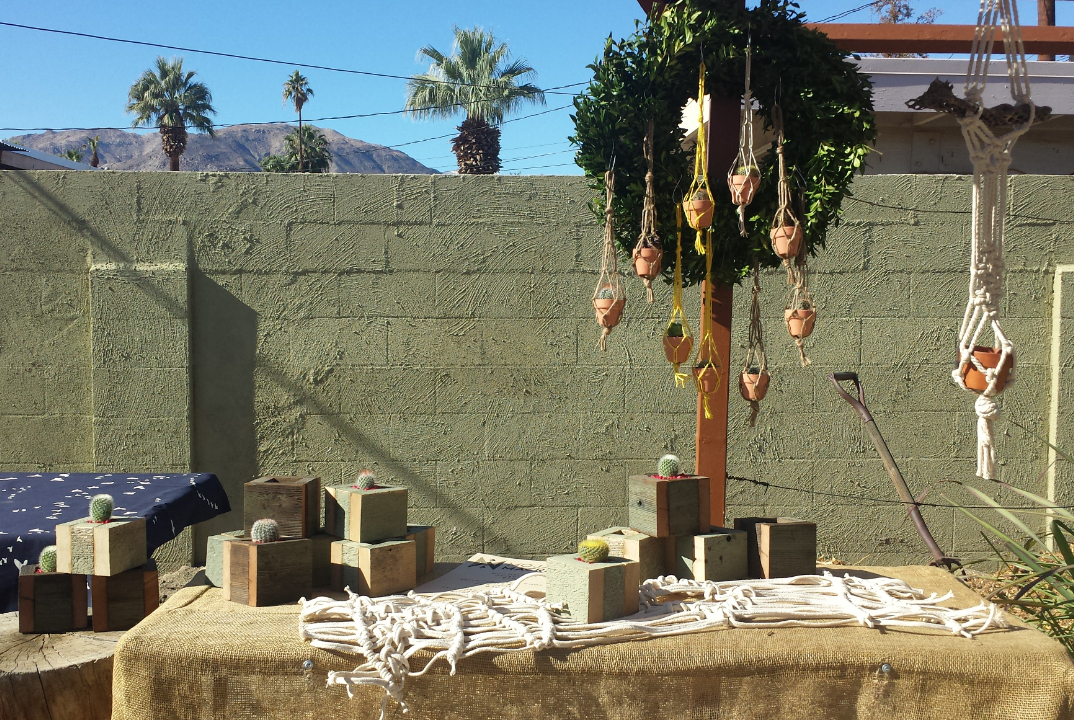 Mojave Macrame mini hanging planter ornaments and Mojave Wood reclaimed desert wood cacti planter boxes
