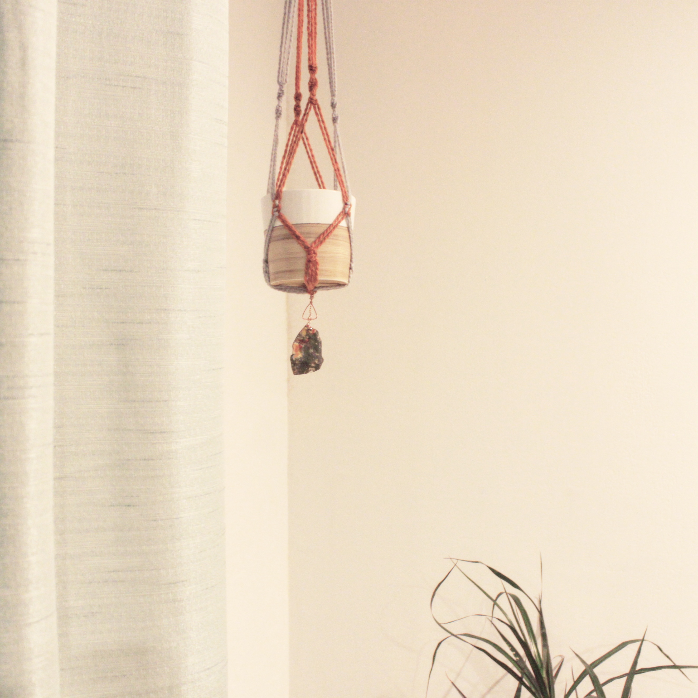 Gray Blue & Rust Macrame Hanging Planter with attached agate