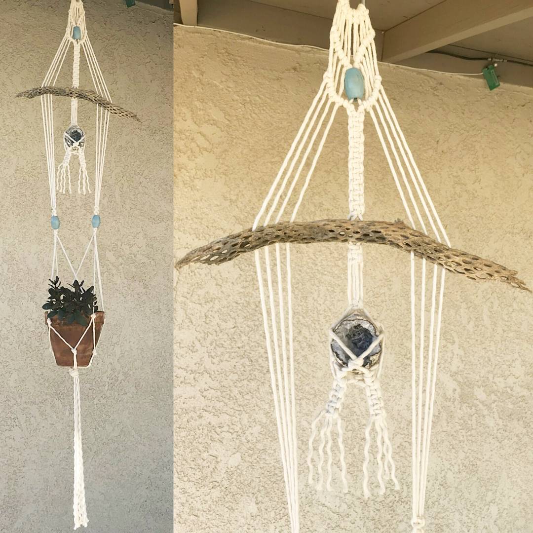 Macrame Plant Hanger with Geode, Cholla Skeleton, Wood Beads