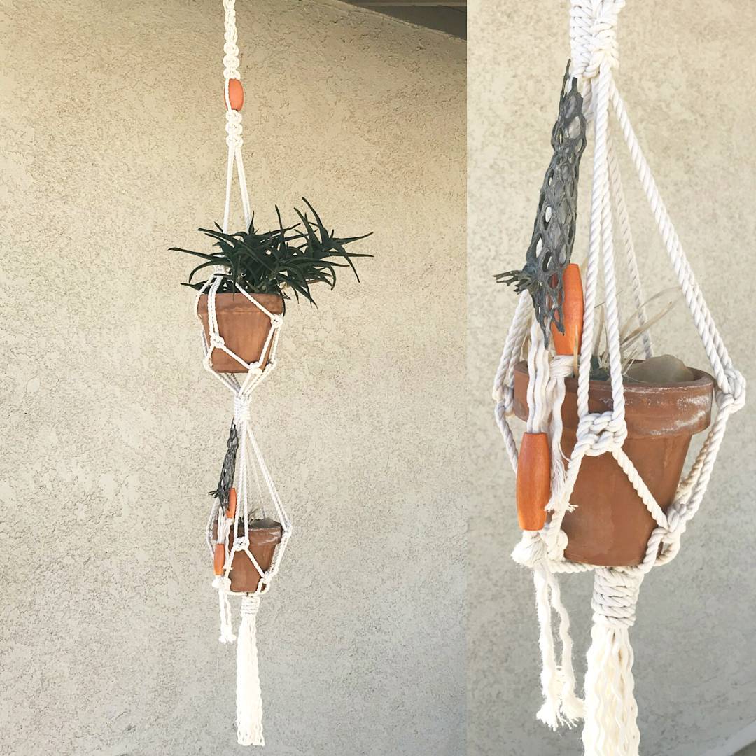 Macrame Double Plant Hanger with Cholla Skeleton and Wood Beads