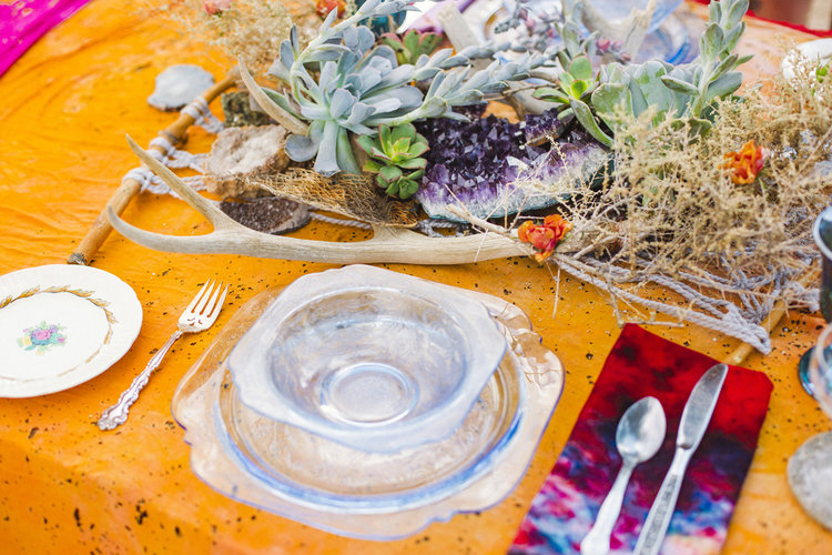 Wedding table setting including a Mojave Macrame table runner