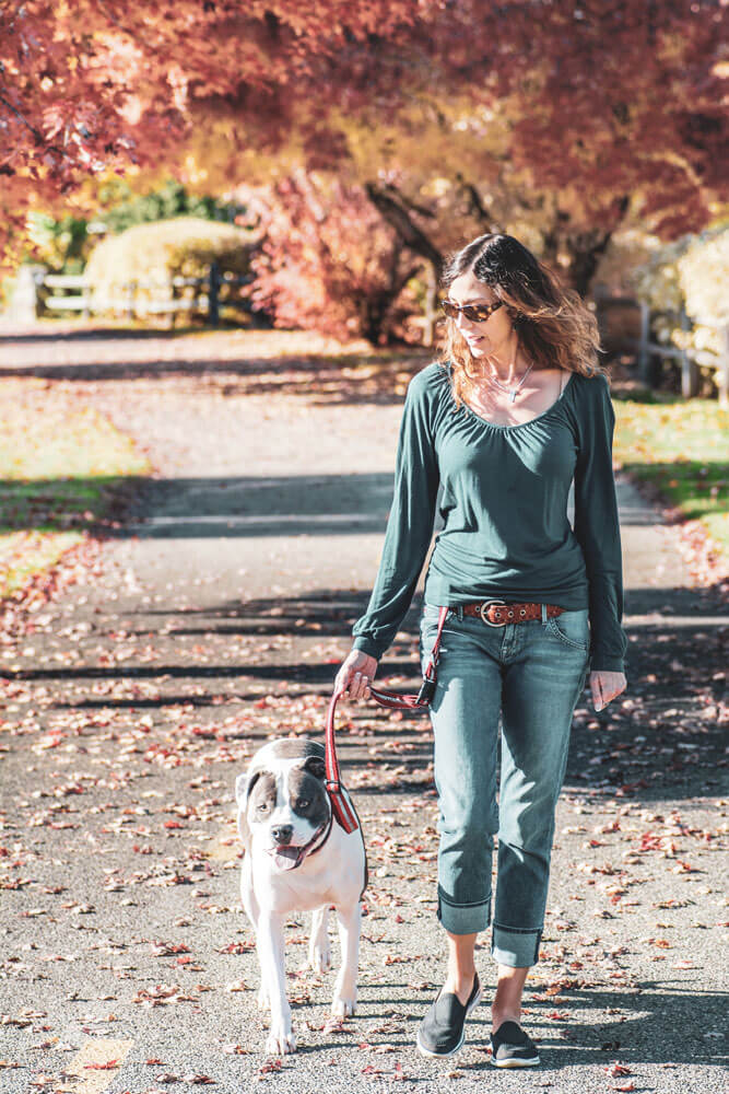 A woman walking a pit bull type dog along a paved path. The season is fall. There are trees with rerd and orannge leaves along the path, and those leaves are also on the path.
